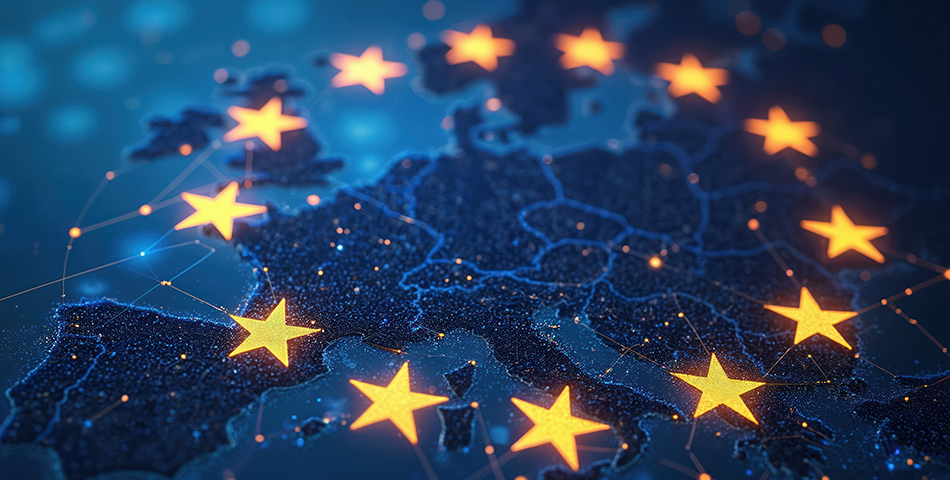Digitale Europakarte in blautönen mit den Europasternen darübergelegt.