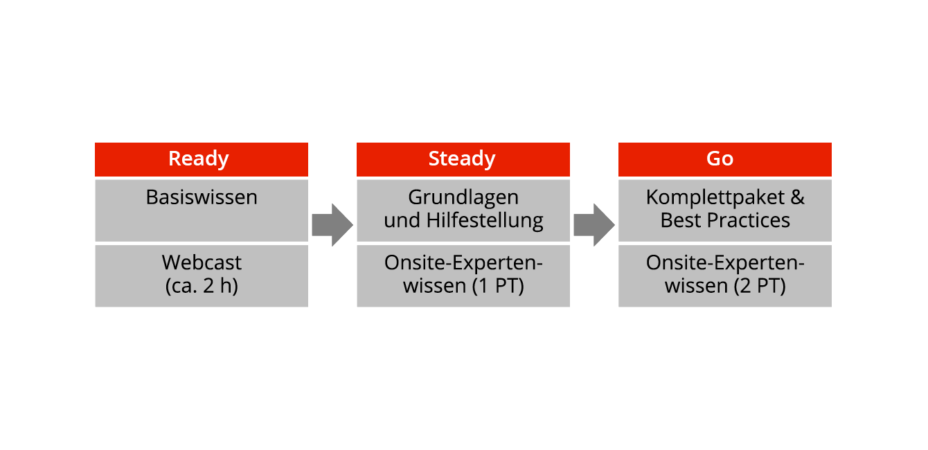 Infografik: 3 Intensivitätsstufen des Workshops werden angeboten, von Ready (Basiswissen, Webcast 2 h) über Steady (Grundlagen und Hilfestellung, Onsite-Expertenwissen 1 PT) to Go (Komplettpaket & Bestpractices, Onsite-Expertenwissen (2 PT)- Basis
