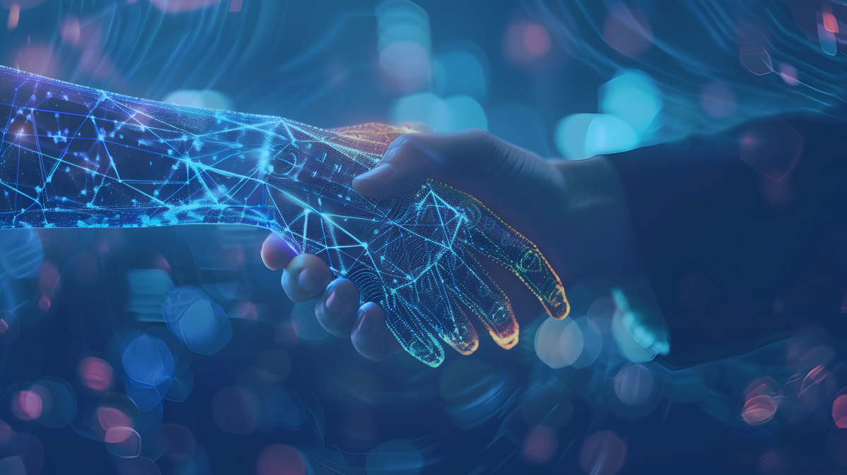 eine digitale und eine echte Hand ineinander verschränkt