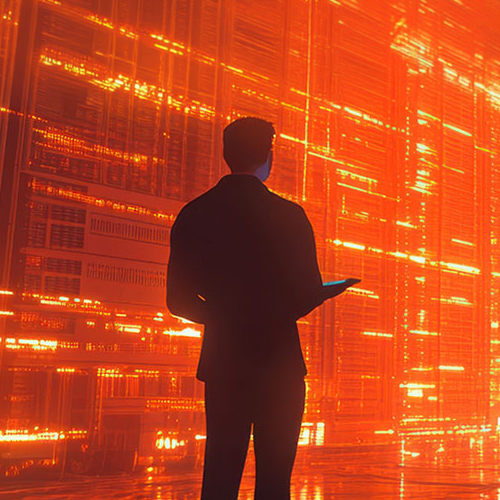 Die Silhouette eines Mannes vor einer Wand eines Serverraums