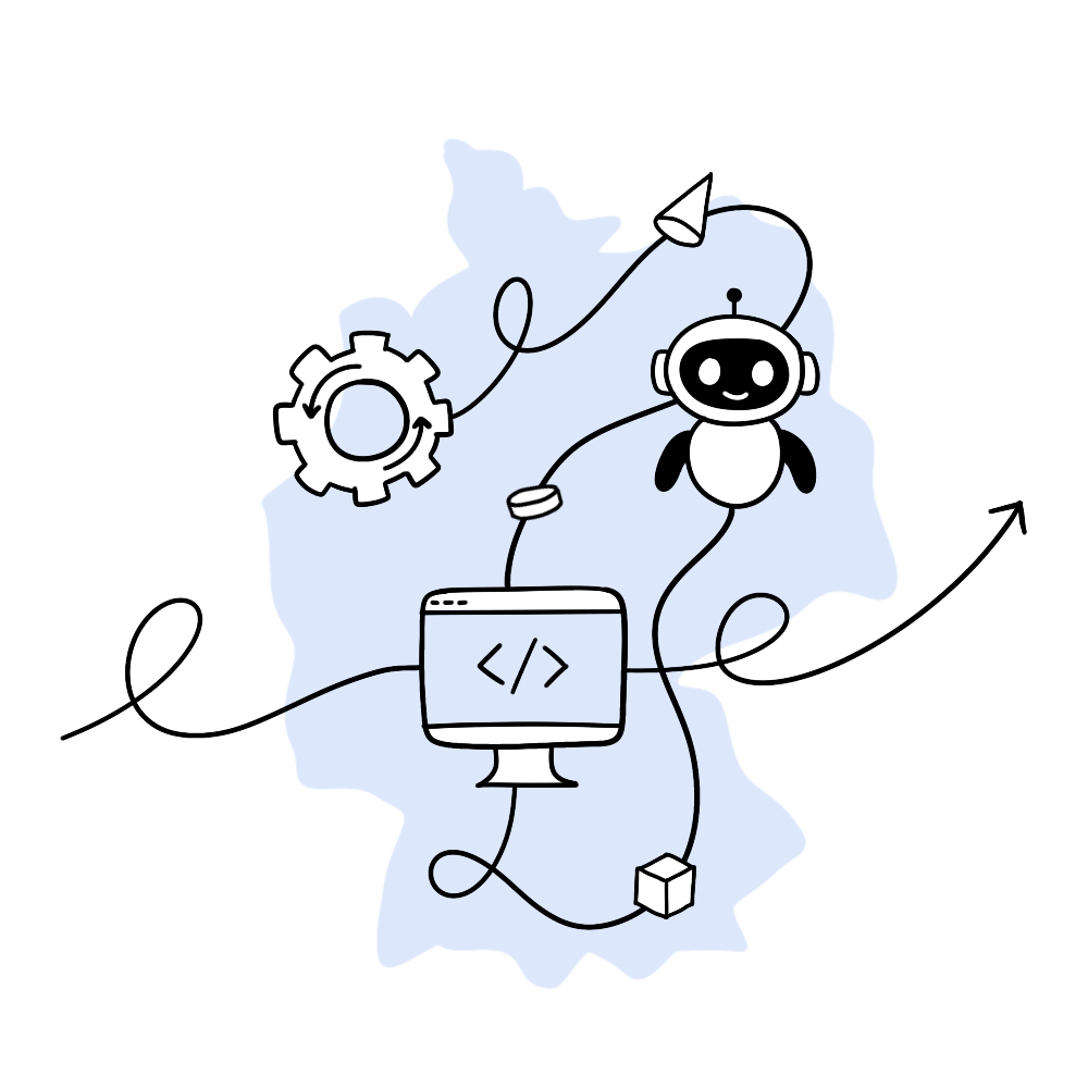 Illustration: Chatbot inmitten von Kabeln und Rechnern