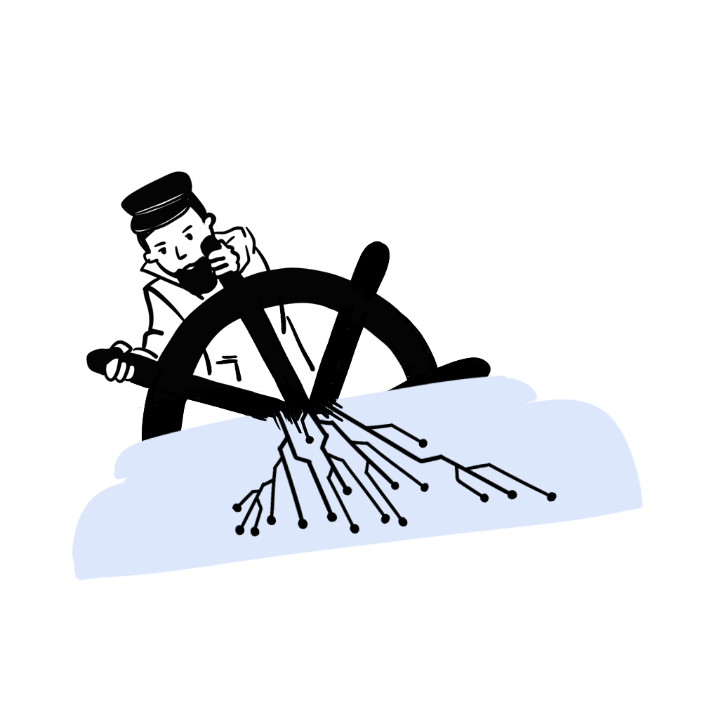 Illustration: Ein Steuermann steuert durch die stürmische Digitalisierung