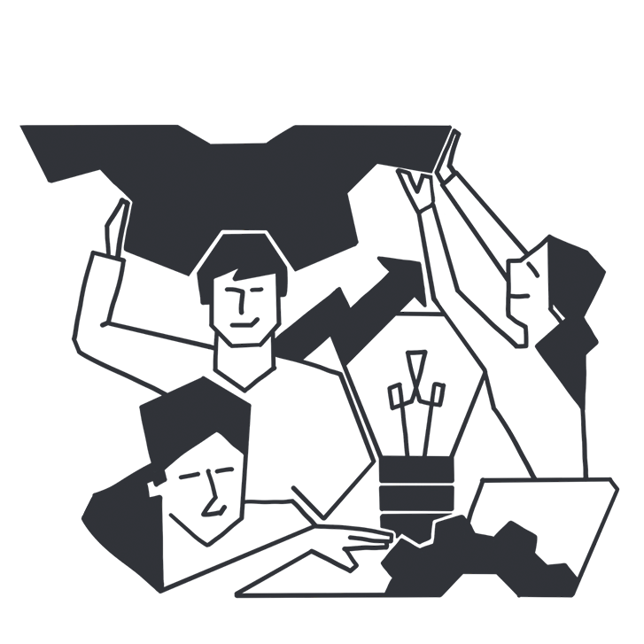 Illustration: Ein Team entwickelt eien Software, dabei finden sich Symbole wie Glühbirne, Zahnrad, Laptop und ein Pfeil der eine gute Entwicklung anzeigt