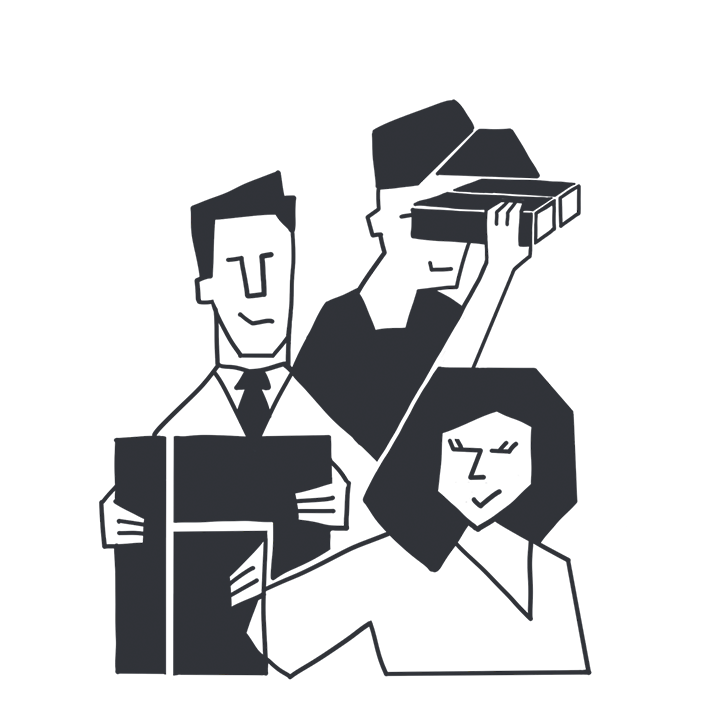 Illustration: Ein Team stellt Bausteine zusammen und blickt mit dem Fernglas in die Zukunft