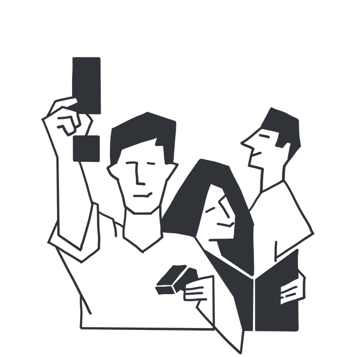 Illustration: Ein Schiedsrichter zeigt ein Ausrufezeichen, eine Frau schlägt in einem Buch nach.