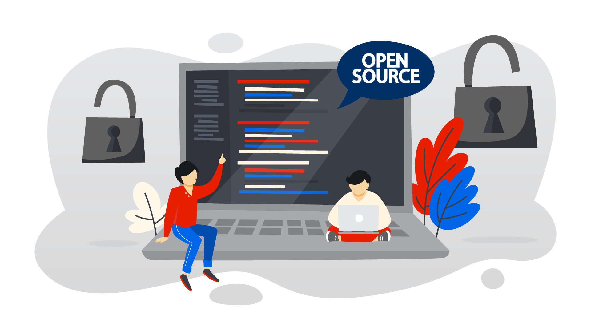 Zwei Personen vor einem geöffneten Laptop mit farbigen Codezeilen und einer Sprechblase mit dem Text 'OPEN SOURCE', umgeben von zwei geöffneten Vorhängeschlössern und farbigen Blättern
