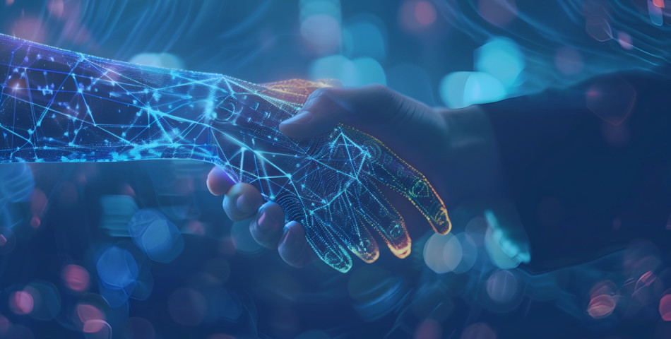 eine digitale und eine echte Hand ineinander verschränkt