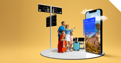 Familie auf dem Weg zum Flughafen, auf einem Handy sind die Flugdaten zu sehen