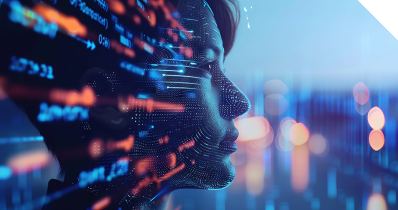 Ein digitales Gesicht tritt aus einer codierten Oberfläche heraus. 