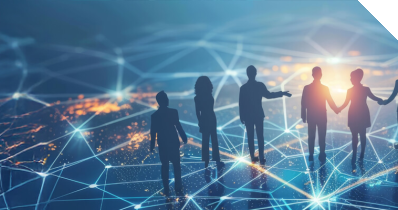 Personengruppe läuft teilweise Hand in Hand über ein digitales Feld, das symbolisch für Vernetzung steht 