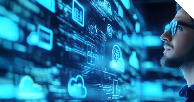 Mann guckt auf überdimensionalen Bildschirm, der Symbole für Datenverarbeitung zeigt 