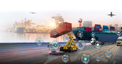 Container im Hafen werden durch einen Kran sortiert, verschiedene Symbole im Hintergrund, Hafenszenerie