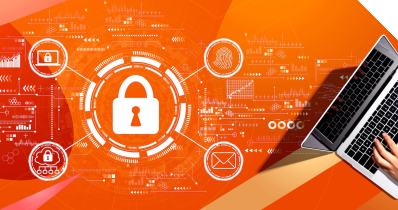 Ein Notebook und Symbole, die IT Sicherheit darstellen