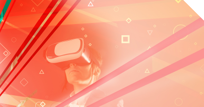 Eine Person mit VR-Brille vor einem abstrakten Hintergrund