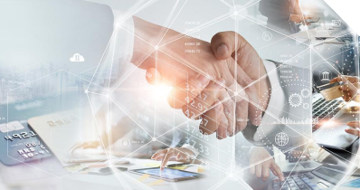 Handschlag mit dekorativen futuristischen Elementen