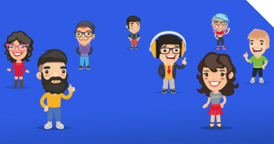 Verschiedene illustrierte Figuren vor einem blauen Hintergrund.