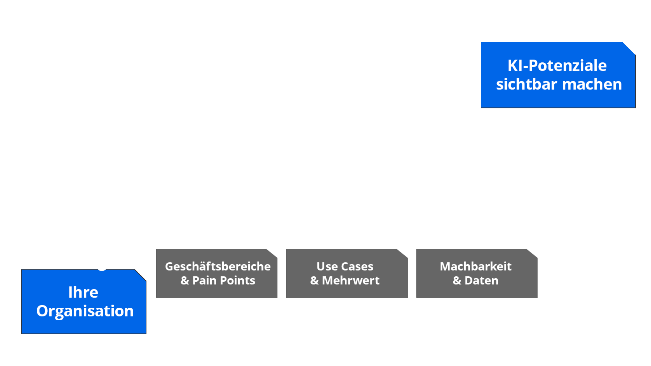 Infografik zum Exploration Flight für KI: Eine ansteigende Route führt von der Organisation über Geschäftsbereiche und Pain Points, Use Cases und Mehrwert sowie Machbarkeit und Daten zu sichtbaren KI-Potenzialen.