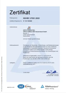 Urkunde: Zertifikat ISO/IEC 27001:2022 für die OPITZ CONSULTING Deutschland GmbH