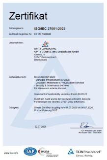Urkunde: Zertifikat ISO/IEC 27001:2022 für die OPITZ CONSULTING Deutschland GmbH, ausgestellt am 2.7.2025 durch den TÜV Rheinland