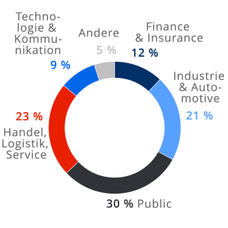 Kreisdiagramm: So verteilen sich unsere Kunden auf die Branchen Public (30%), Handel & Logistik (23 %), Technologie & Kommunikation (9 %), Finance & Insurance (12%), Industrie & Automotive (21%)