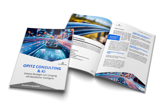 Das Bild zeigt das Cover des E-Books: OPITZ CONSULTING & KI - unsere Strategie zum Umgang mit Künstlicher Intelligenz - Ein Positionspapier