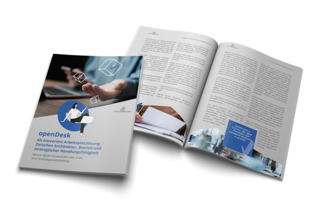 Das Bild zeigt das Cover des E-Books: openDesk als souveräne Arbeitsplatzlösung. Zwischen Architektur, Betrieb und strategischer Handlungsfähigkeit - Ein Whitepaper